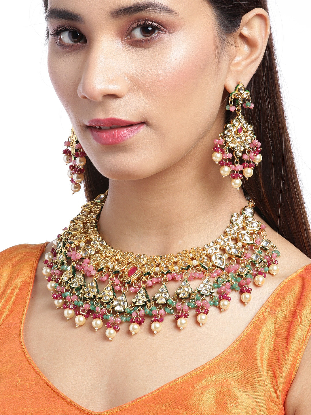Priyaasi Women Multicolor Stones Kundan Beads Pearls Gold Plated Jewellery Set - Grab2buy