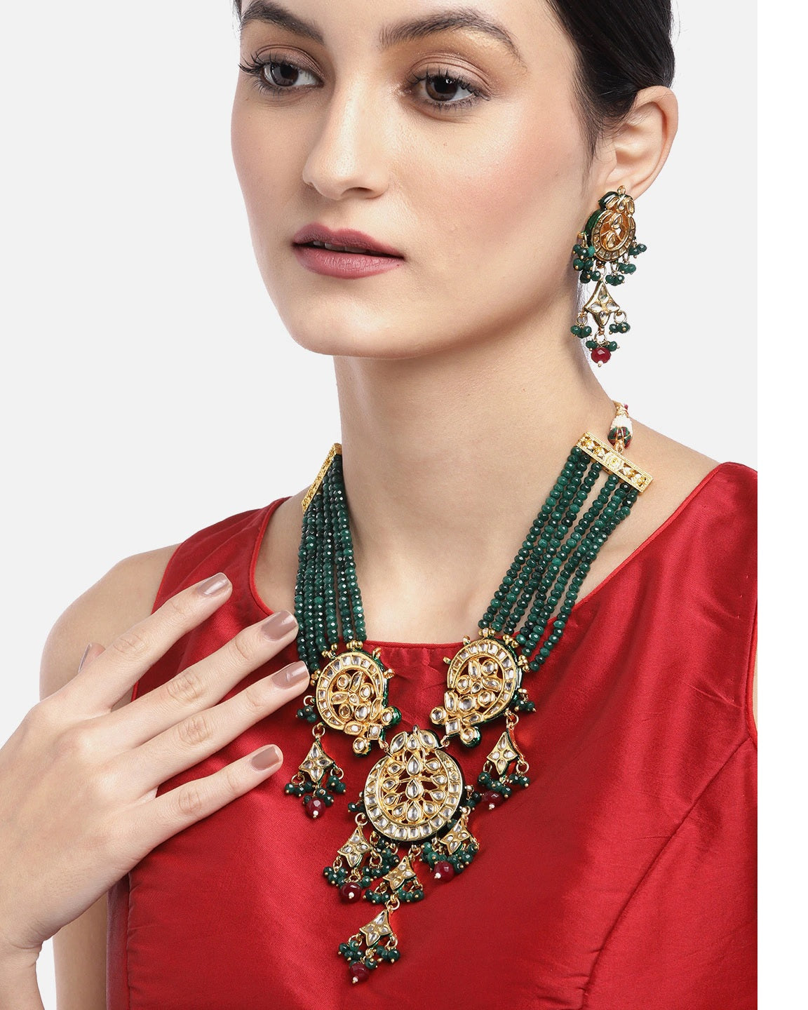 Priyaasi Women Green & Red Beads Kundan Gold Plated Jewellery Set - Grab2buy