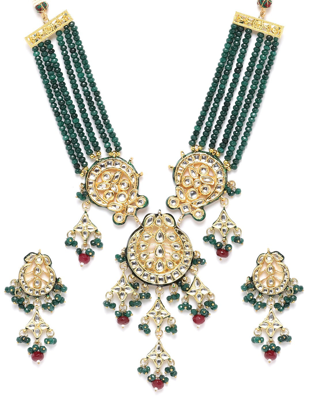 Priyaasi Women Green & Red Beads Kundan Gold Plated Jewellery Set - Grab2buy