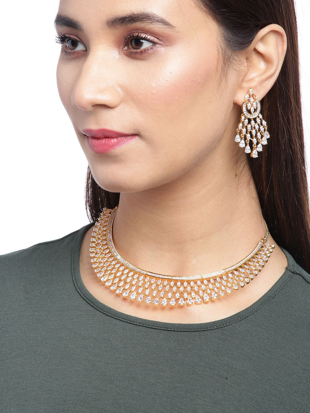 Priyaasi Women Gold Plated American Diamond Jewellery Set - Grab2buy