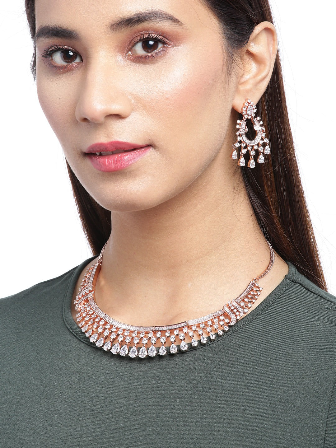 Priyaasi Women Rose Gold American Diamond Jewellery Set - Grab2buy