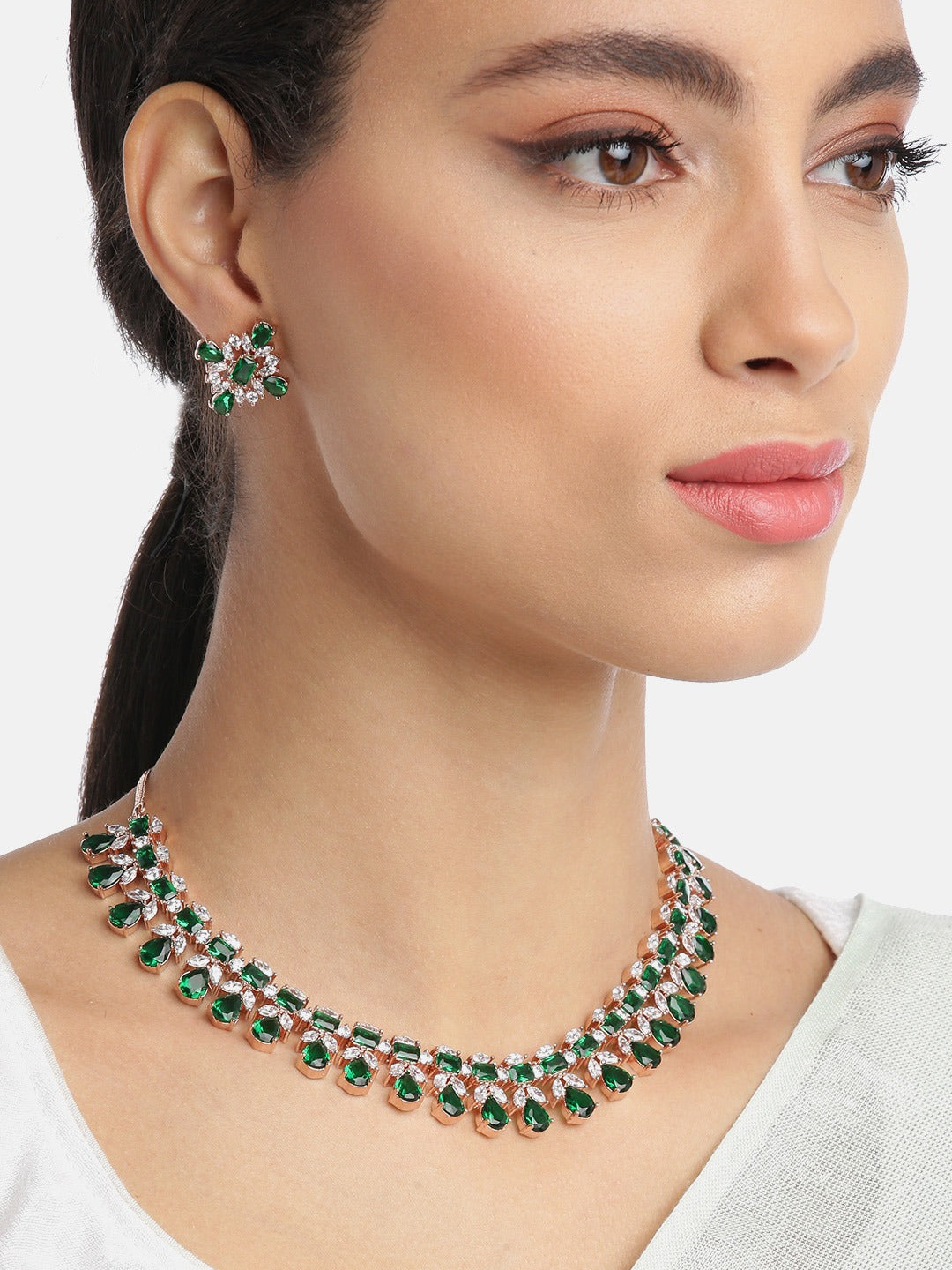 Priyaasi Women Emerald American Diamond Rose Gold Plated Floral Jewellery Set - Grab2buy