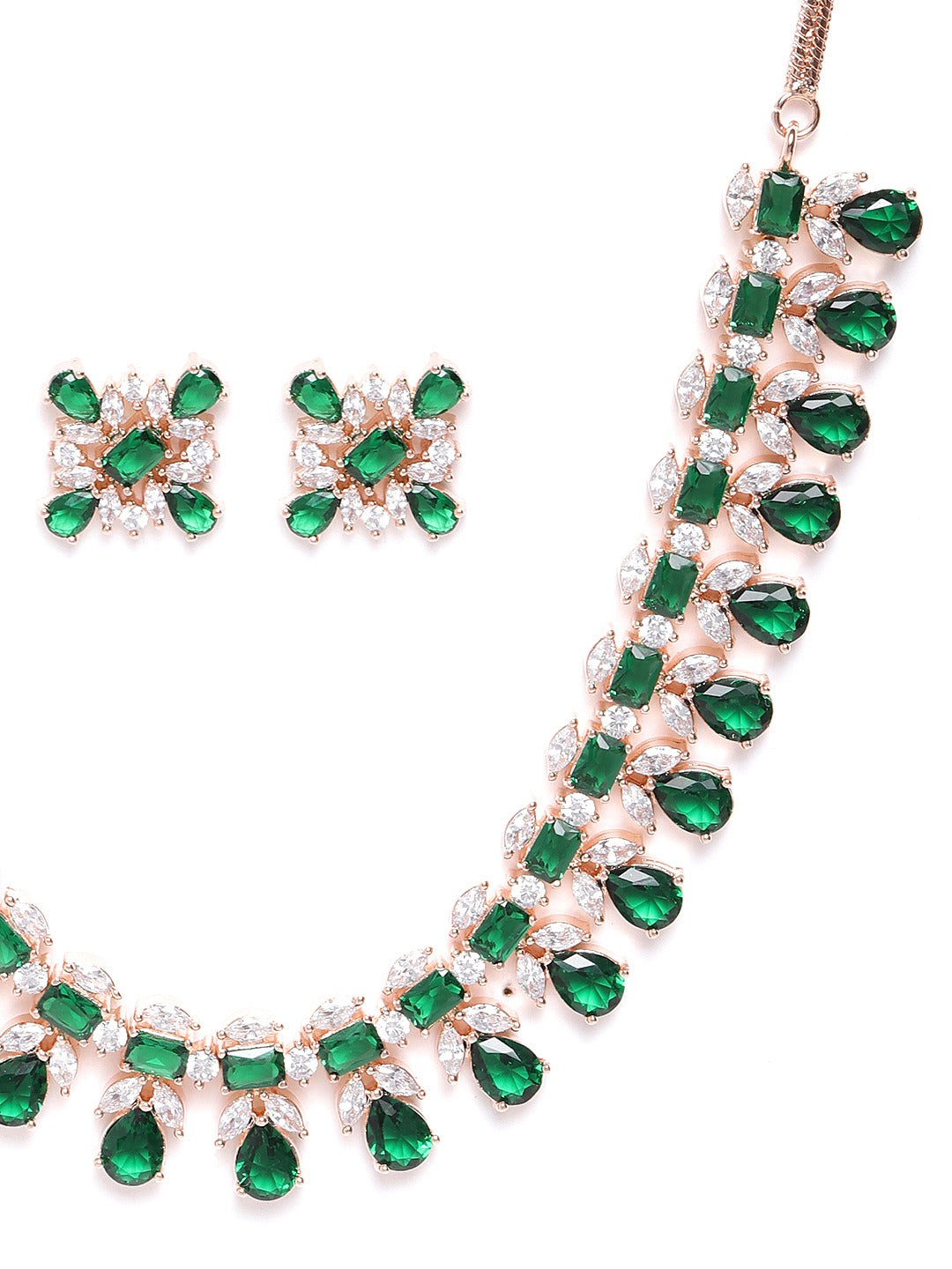 Priyaasi Women Emerald American Diamond Rose Gold Plated Floral Jewellery Set - Grab2buy