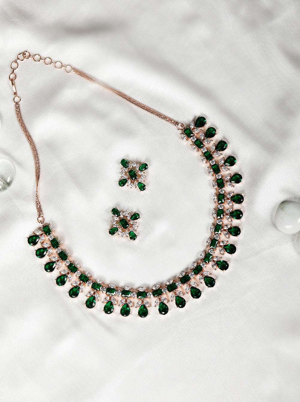 Priyaasi Women Emerald American Diamond Rose Gold Plated Floral Jewellery Set - Grab2buy