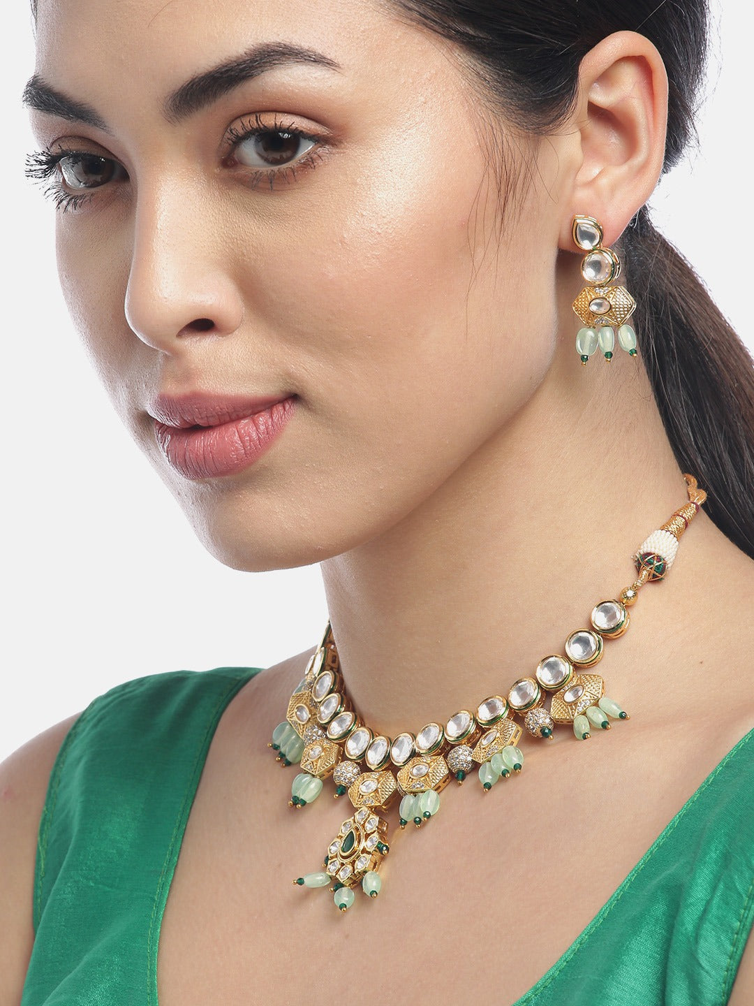 Priyaasi Women Mint Green Pearls Kundan Gold Plated Jewellery Set - Grab2buy