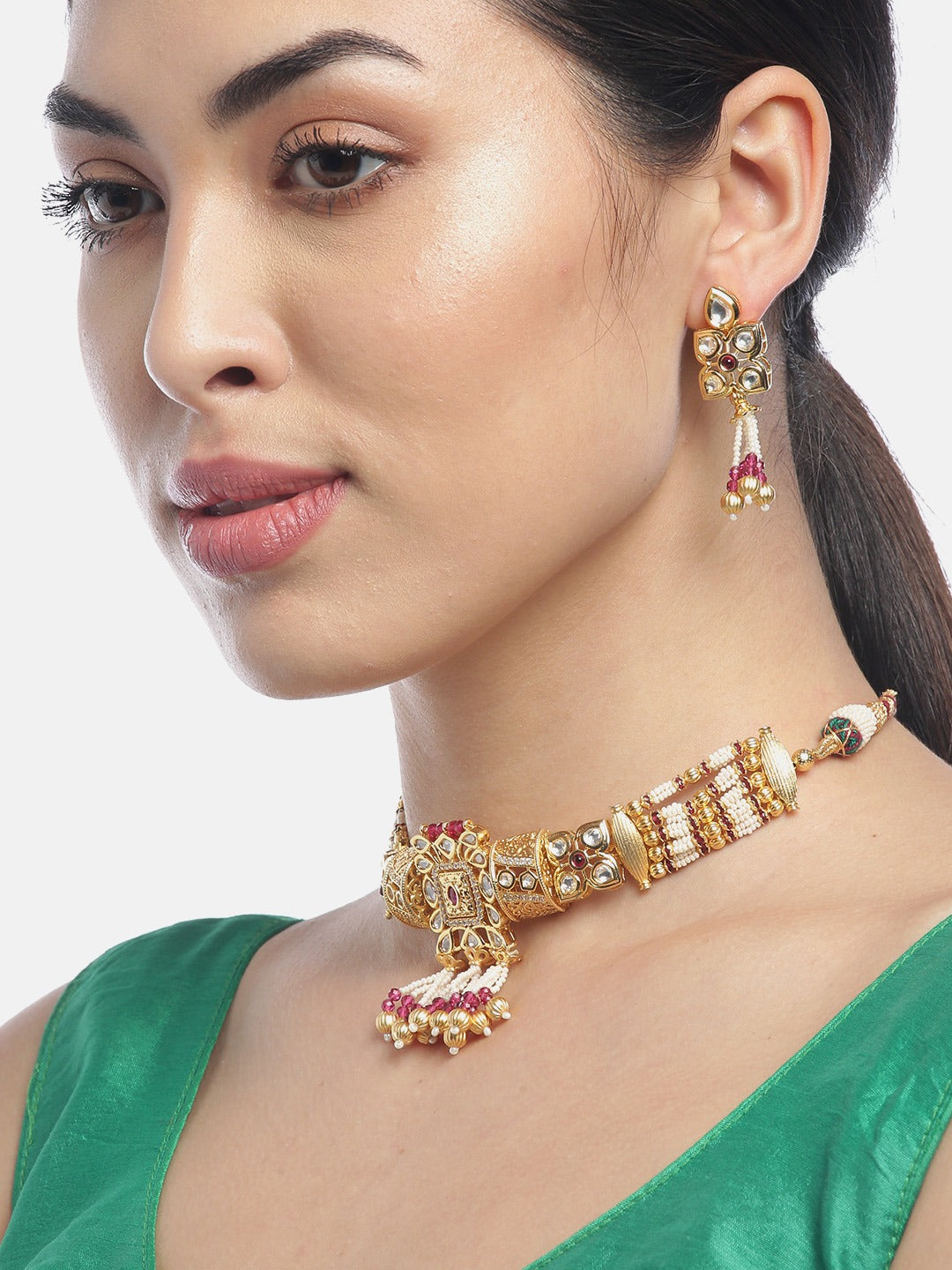 Priyaasi Women Red White Beads Kundan Gold Plated Jewellery Set - Grab2buy