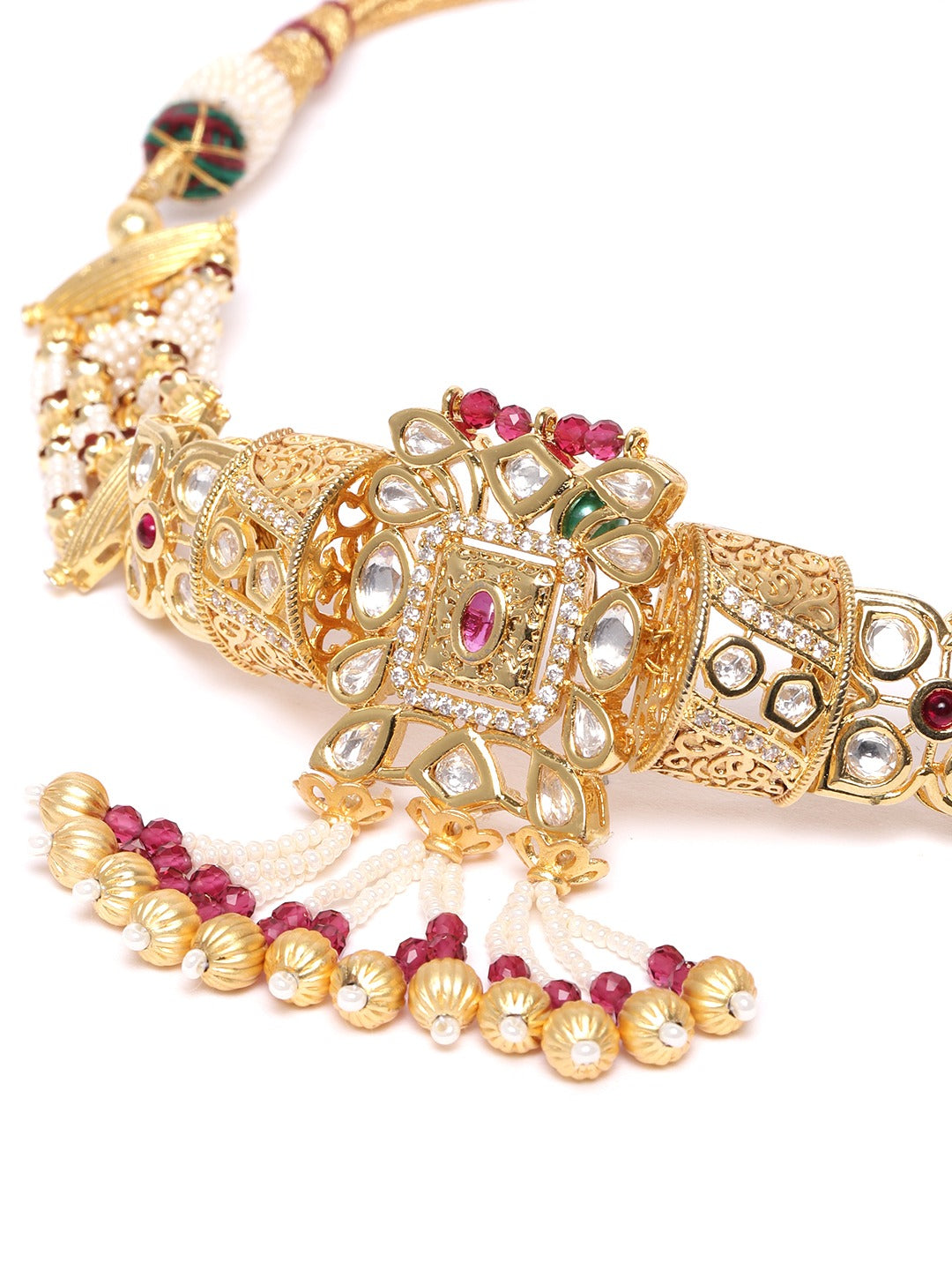 Priyaasi Women Red White Beads Kundan Gold Plated Jewellery Set - Grab2buy