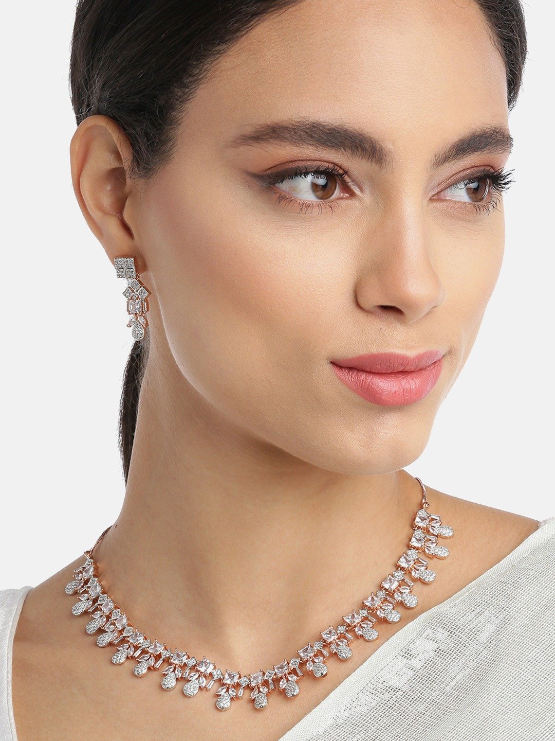 Priyaasi Women American Diamond Rose Gold Plated Leaf Jewellery Set - Grab2buy