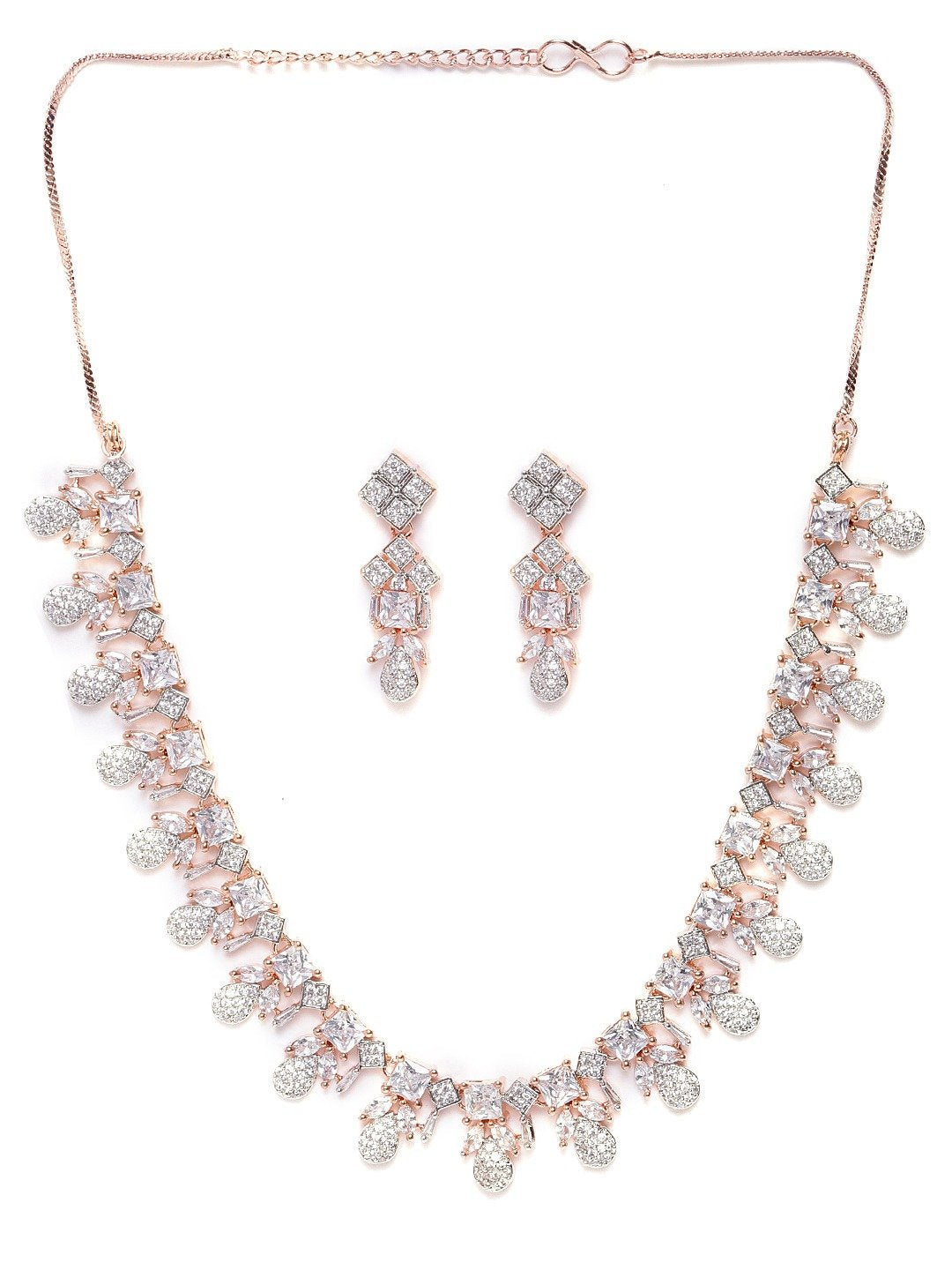 Priyaasi Women American Diamond Rose Gold Plated Leaf Jewellery Set - Grab2buy