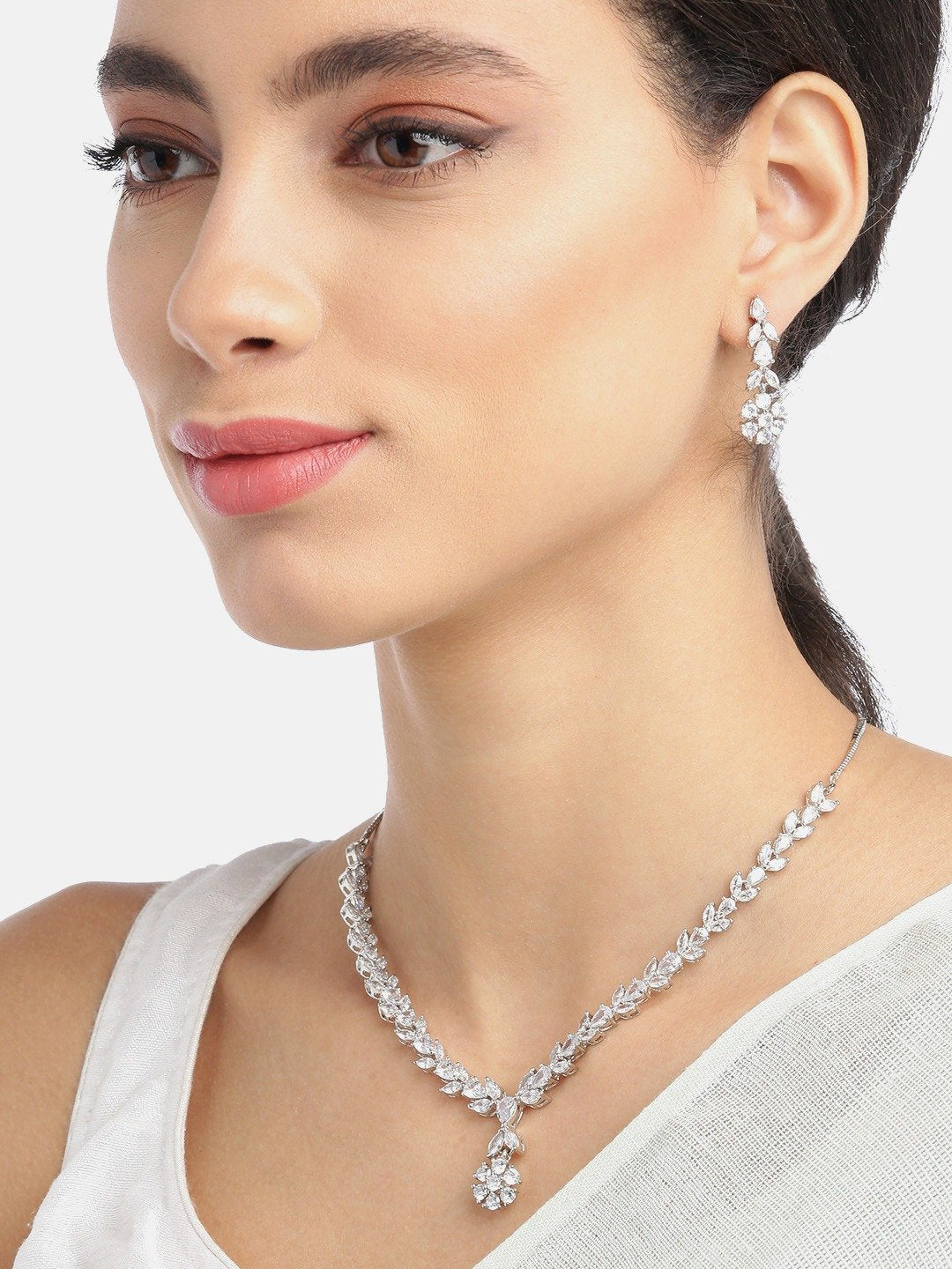 Priyaasi Women American Diamond Silver Plated Leaf Jewellery Set - Grab2buy
