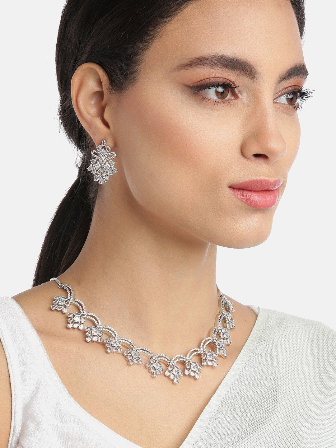 Priyaasi Women American Diamond Silver Plated Floral Jewellery Set - Grab2buy