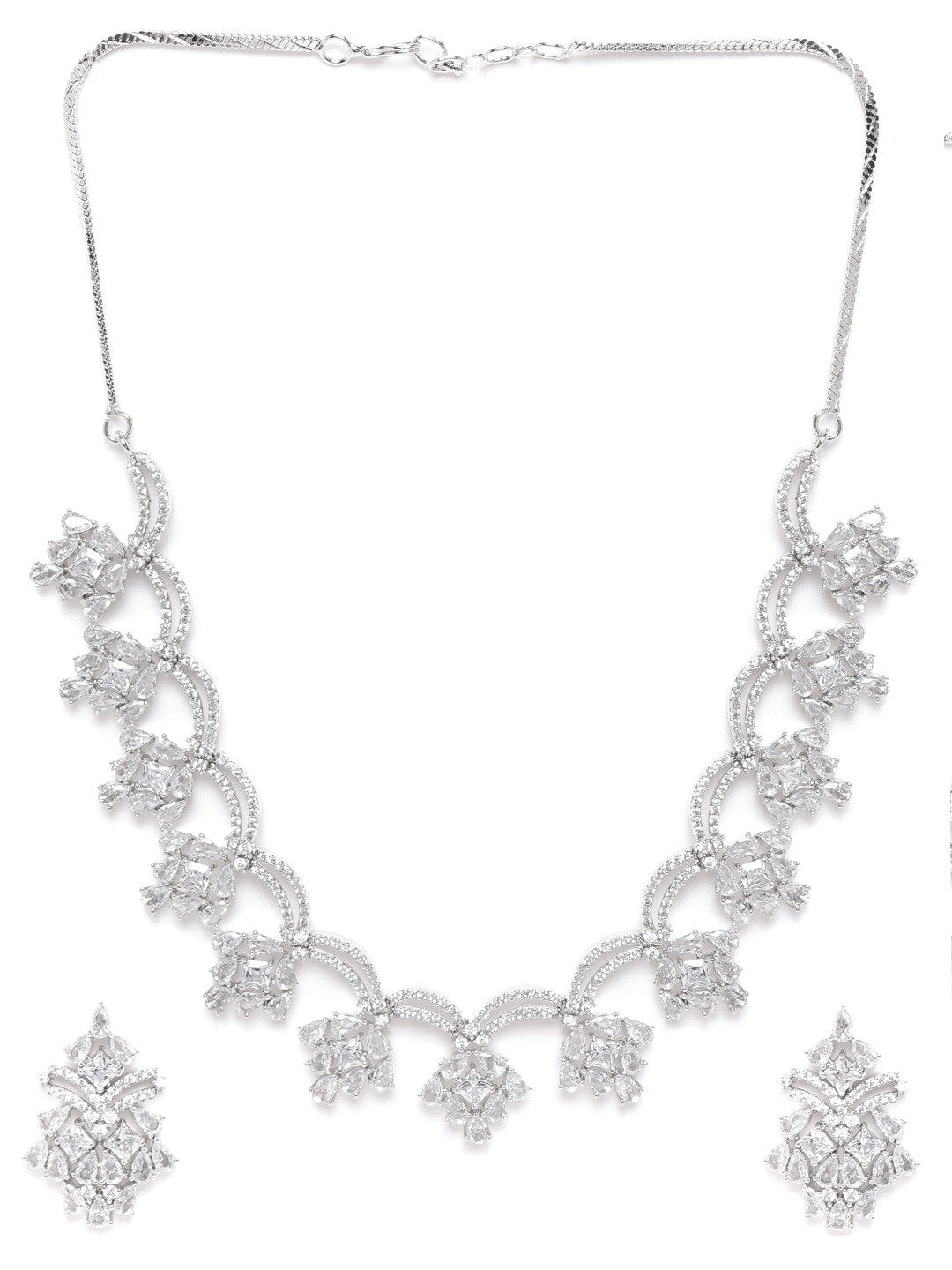 Priyaasi Women American Diamond Silver Plated Floral Jewellery Set - Grab2buy