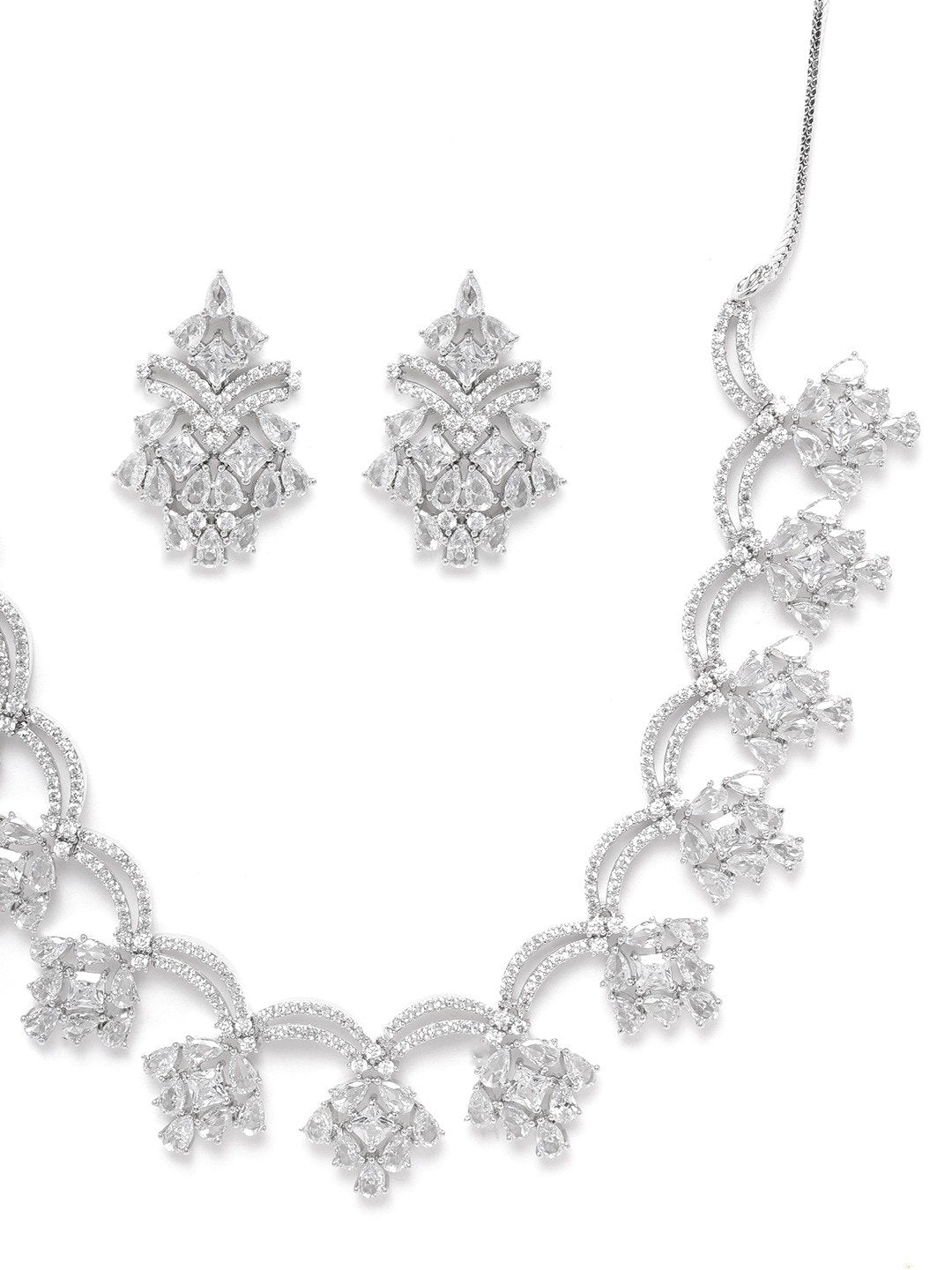 Priyaasi Women American Diamond Silver Plated Floral Jewellery Set - Grab2buy