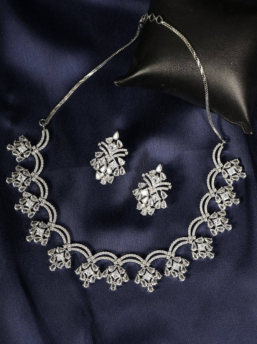 Priyaasi Women American Diamond Silver Plated Floral Jewellery Set - Grab2buy