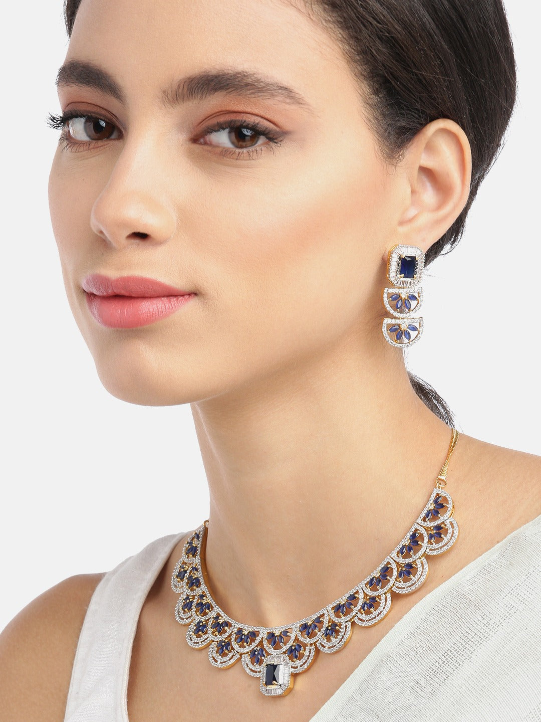 Priyaasi Women Blue American Diamond Gold Plated Jewellery Set - Grab2buy