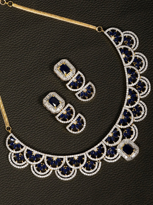 Priyaasi Women Blue American Diamond Gold-Polished Jewellery Set - Noz2Toz