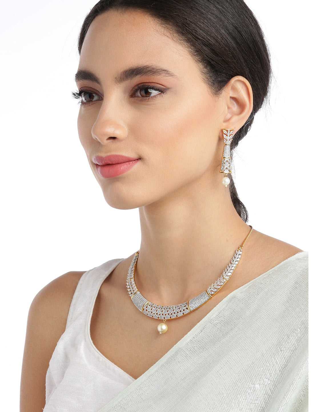 Priyaasi Women Pearls American Diamond Gold Pated Jewellery Set - Grab2buy
