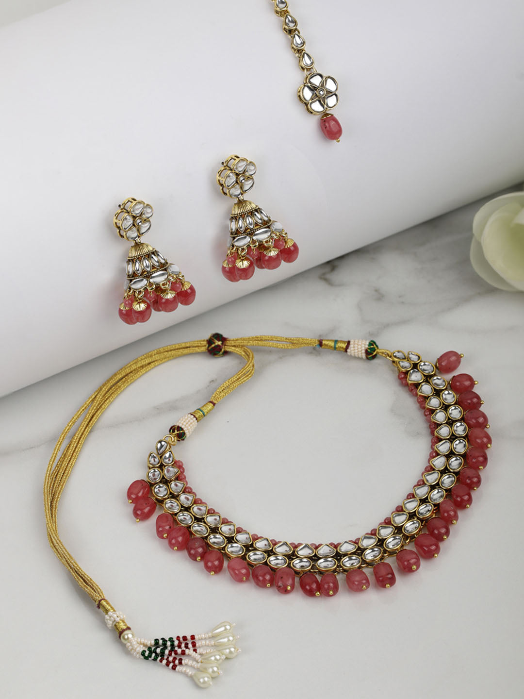 Priyaasi Women Pink Beads Ruby Kundan Gold Plated Traditional MaangTika Jewellery Set - Grab2buy