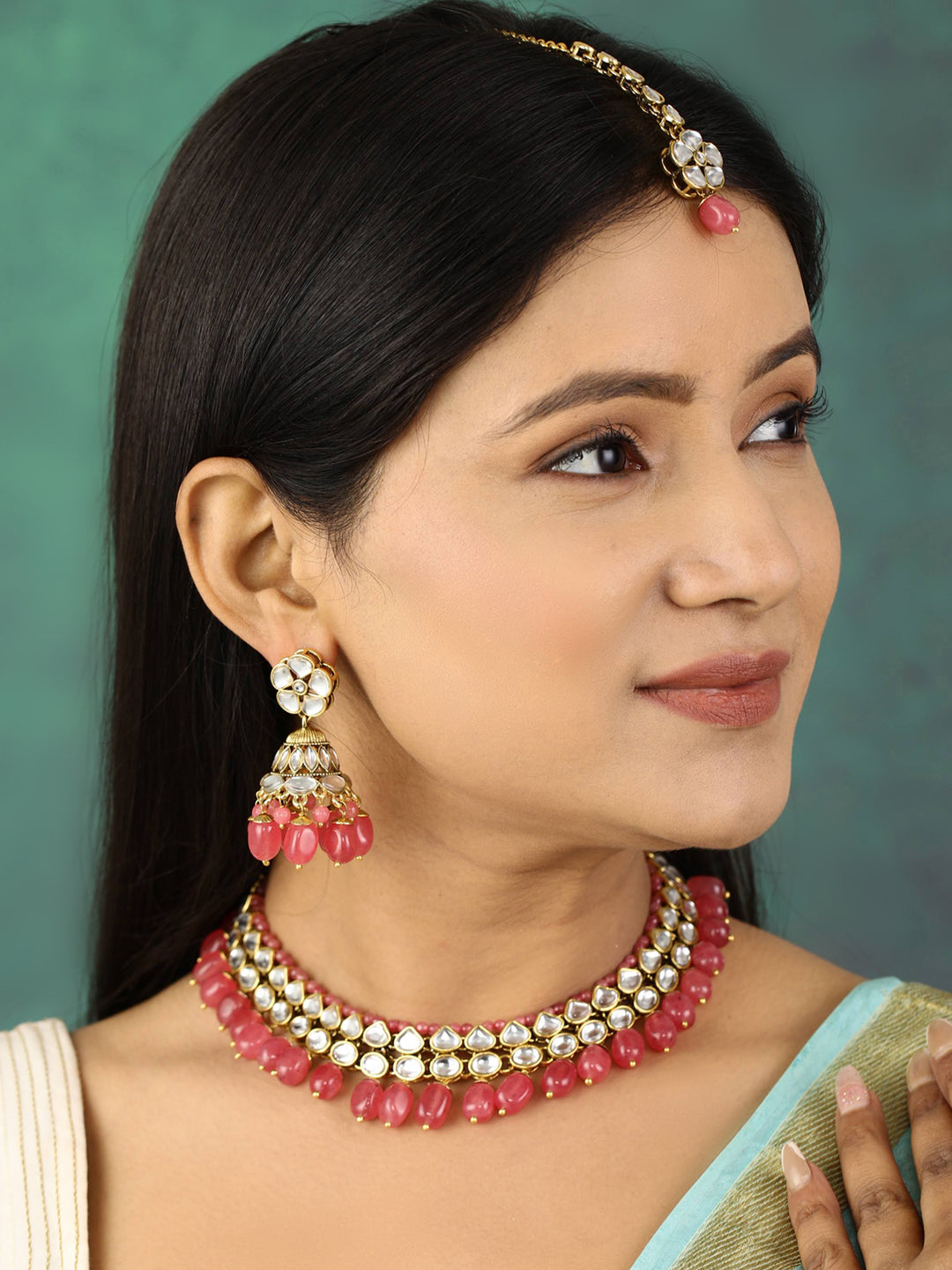 Priyaasi Women Pink Beads Ruby Kundan Gold Plated Traditional MaangTika Jewellery Set - Grab2buy