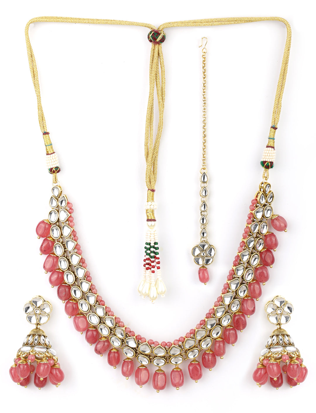 Priyaasi Women Pink Beads Ruby Kundan Gold Plated Traditional MaangTika Jewellery Set - Grab2buy