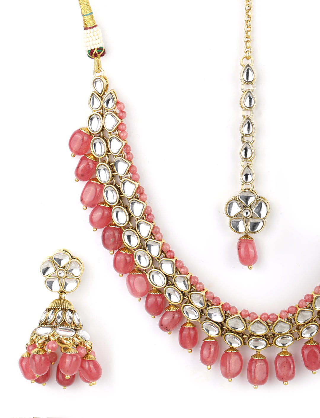 Priyaasi Women Pink Beads Ruby Kundan Gold Plated Traditional MaangTika Jewellery Set - Grab2buy