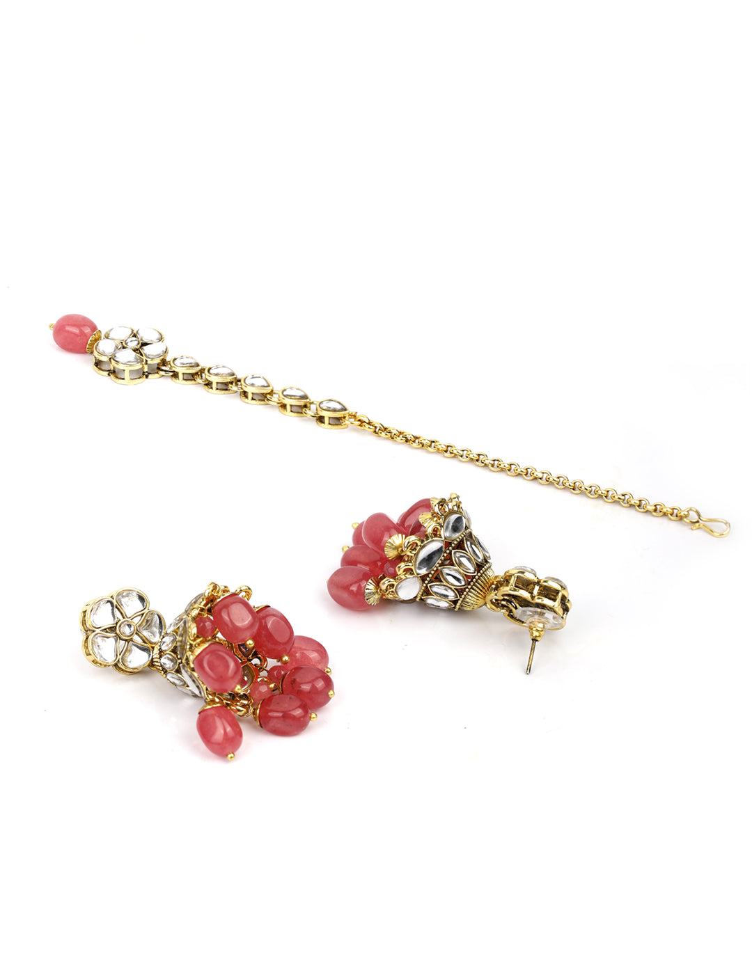 Priyaasi Women Pink Beads Ruby Kundan Gold Plated Traditional MaangTika Jewellery Set - Grab2buy