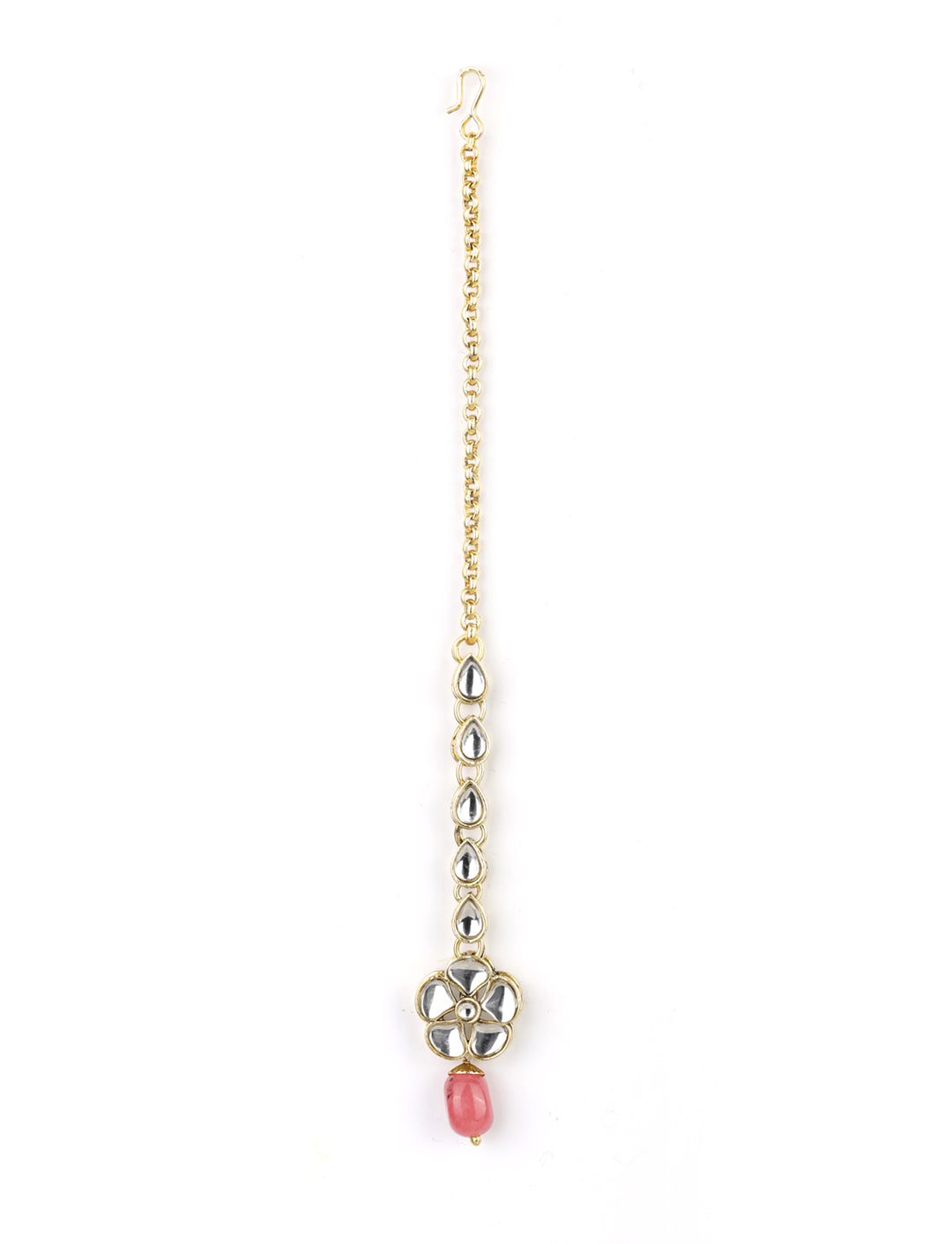 Priyaasi Women Pink Beads Ruby Kundan Gold Plated Traditional MaangTika Jewellery Set - Grab2buy