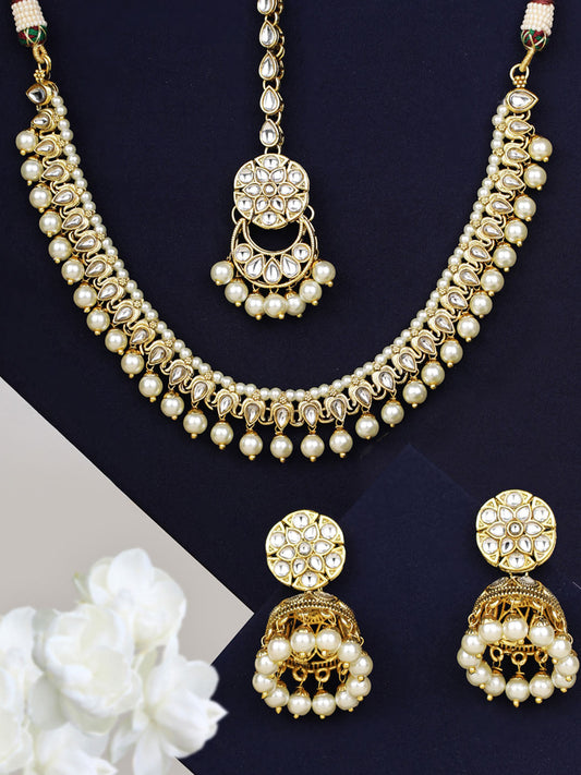 Priyaasi Women White Beads Kundan Pearls Gold Plated Traditional MaangTika Jewellery Set - Grab2buy