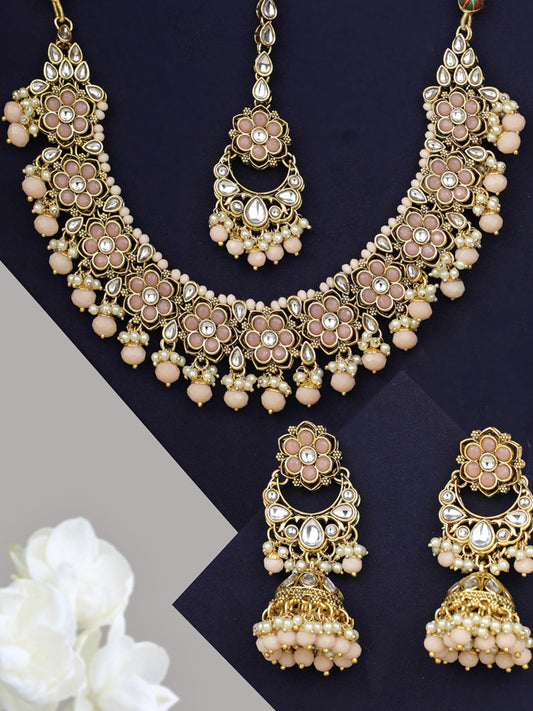 Priyaasi Women Peach Beads Pearls Kundan Gold Plated Floral Traditional MaangTika Jewellery Set - Grab2buy