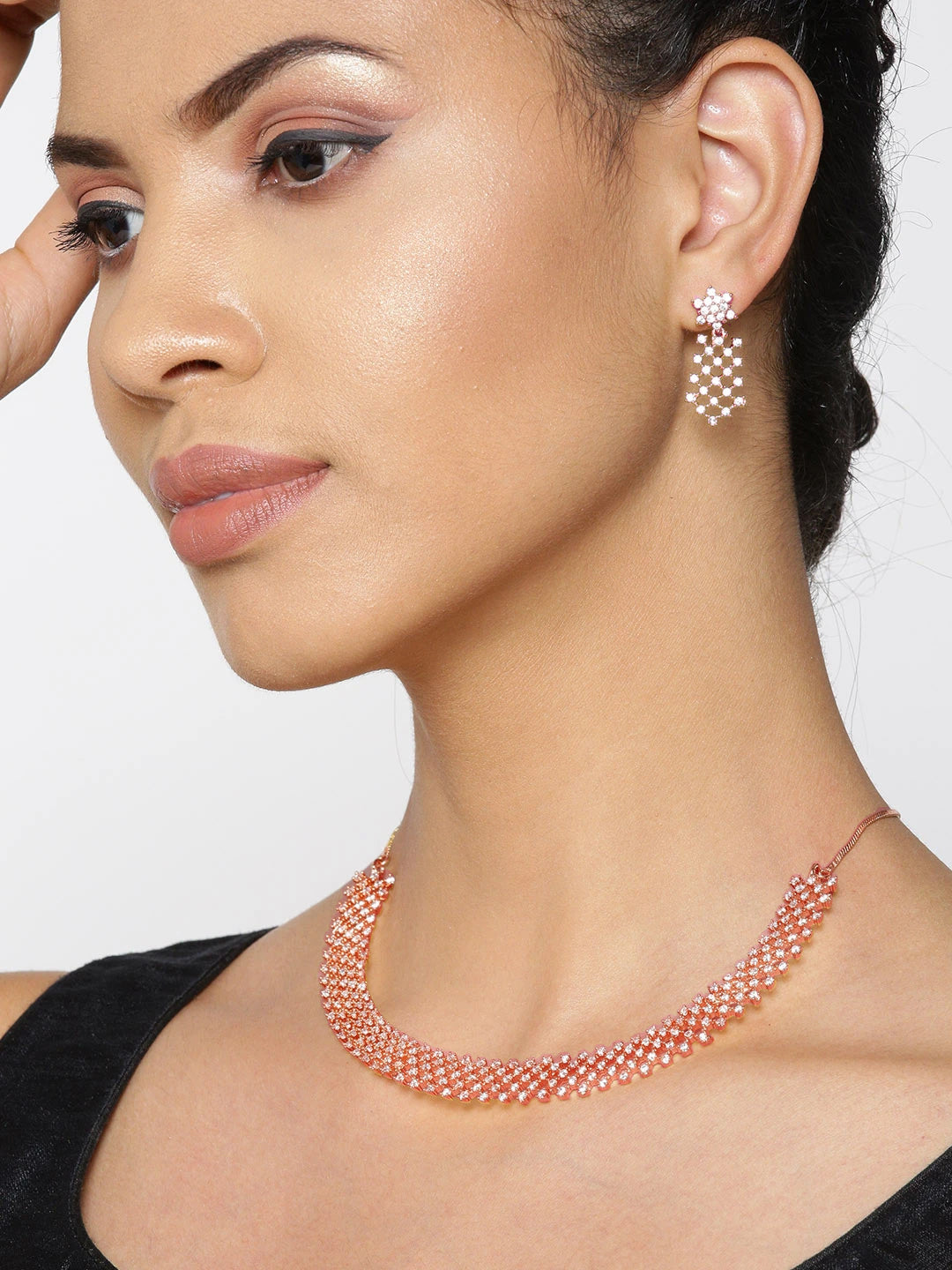 Priyaasi Women American Diamond Rose Gold Plated Ethnic Jewellery Set - Grab2buy