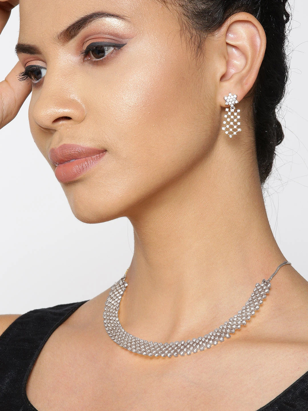 Priyaasi Women American Diamond Silver Plated Ethnic Jewellery Set - Grab2buy
