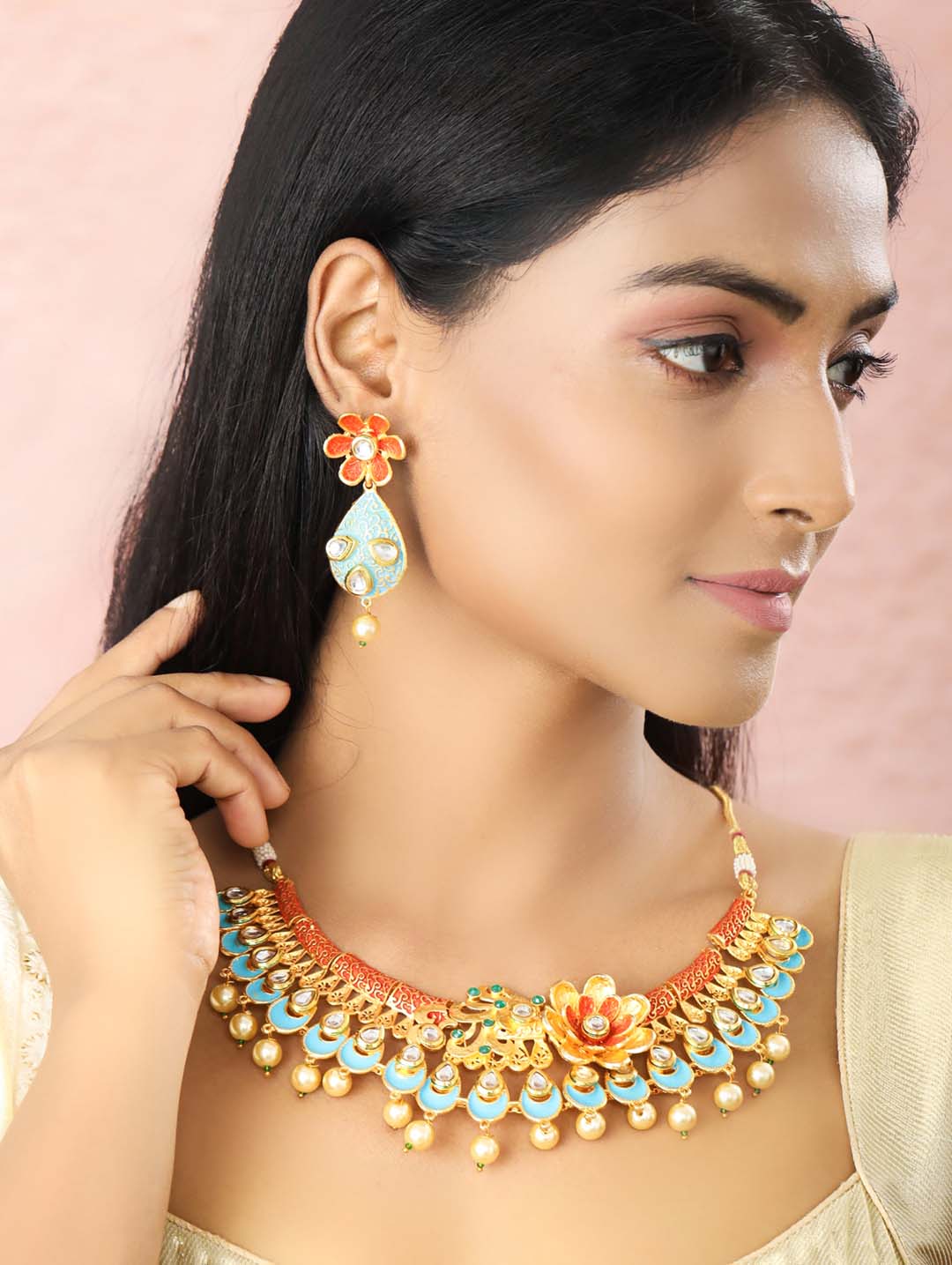 Priyaasi Women Multi-Color Kundan Pearls Gold Plated Floral Jewellery Set - Grab2buy