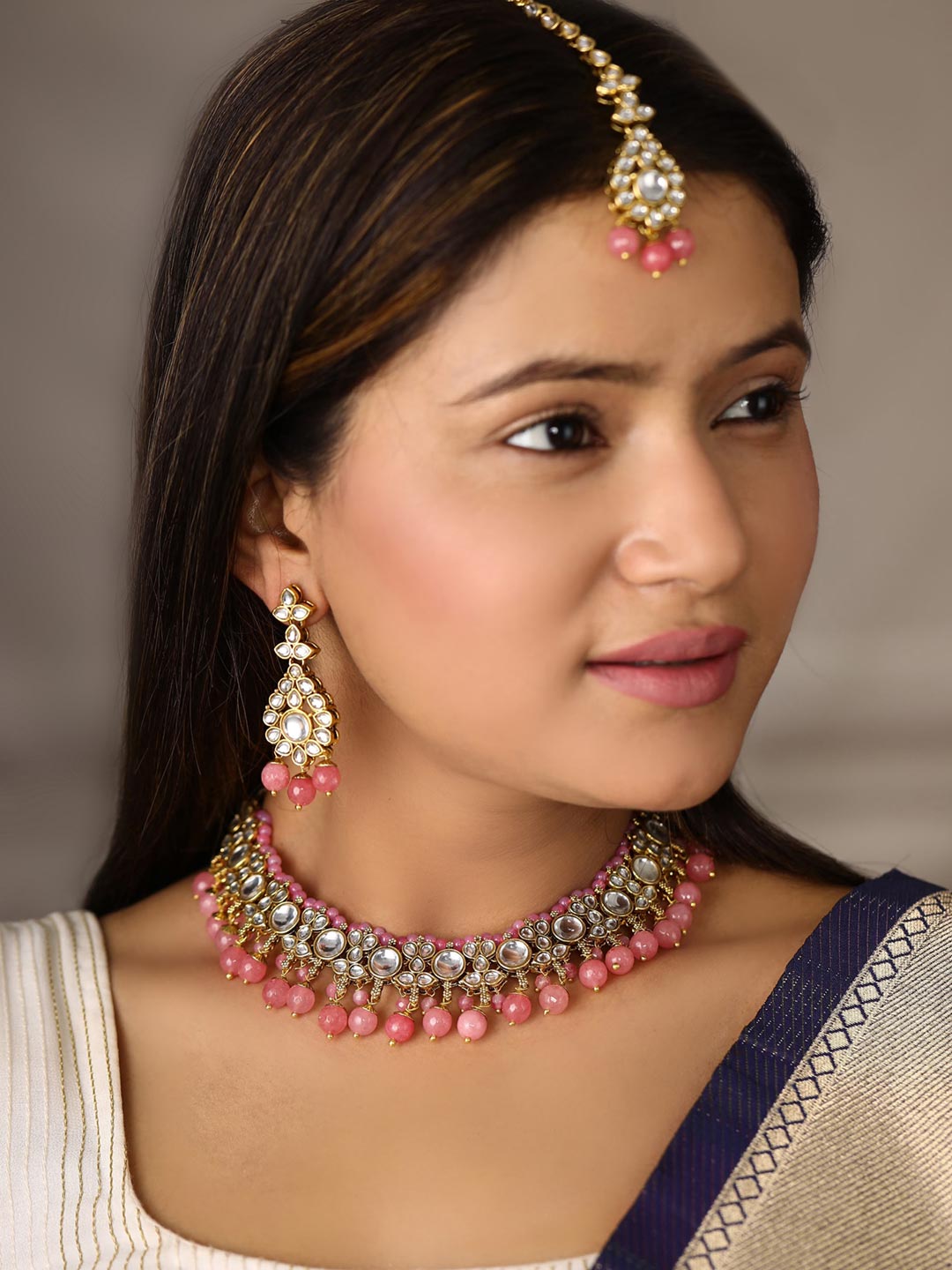 Priyaasi Women Pink Beads Pearls Kundan Gold Plated Jewellery Set with Maang Tikka - Grab2buy