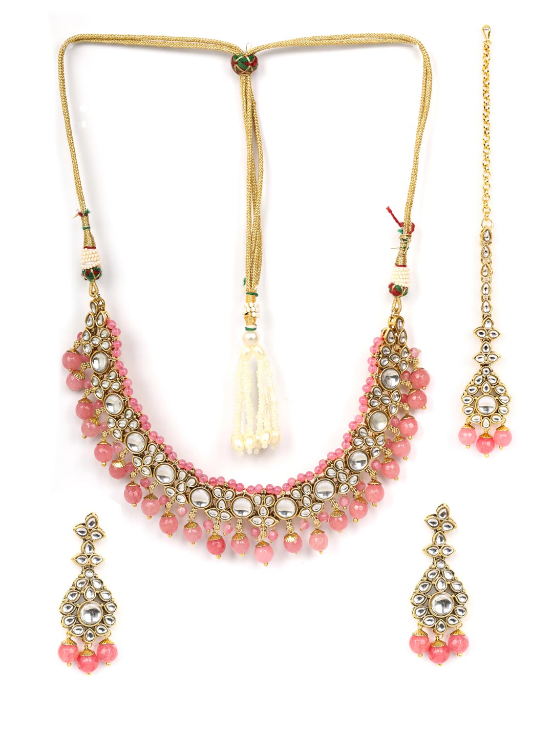 Priyaasi Women Pink Beads Pearls Kundan Gold Plated Jewellery Set with Maang Tikka - Grab2buy