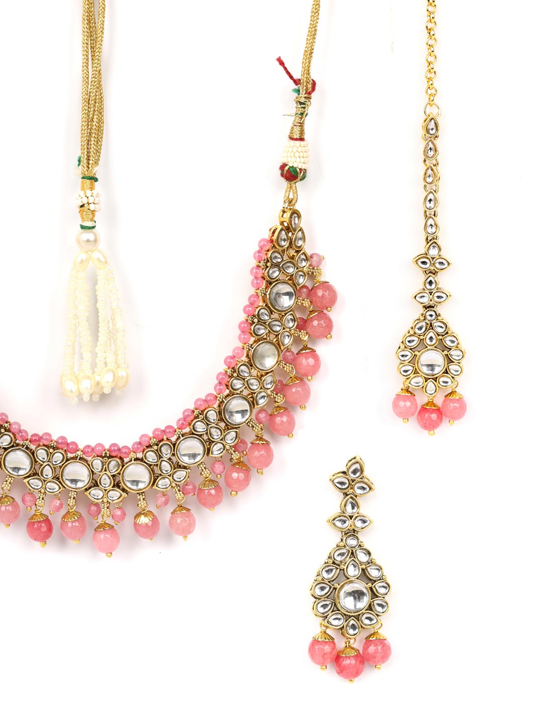 Priyaasi Women Pink Beads Pearls Kundan Gold Plated Jewellery Set with Maang Tikka - Grab2buy