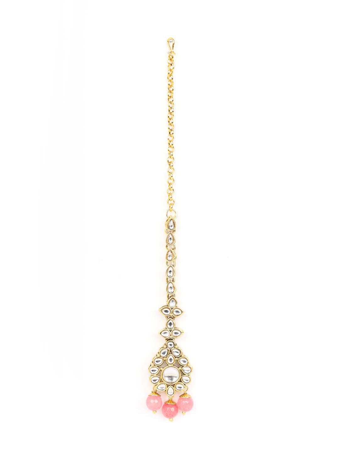 Priyaasi Women Pink Beads Pearls Kundan Gold Plated Jewellery Set with Maang Tikka - Grab2buy