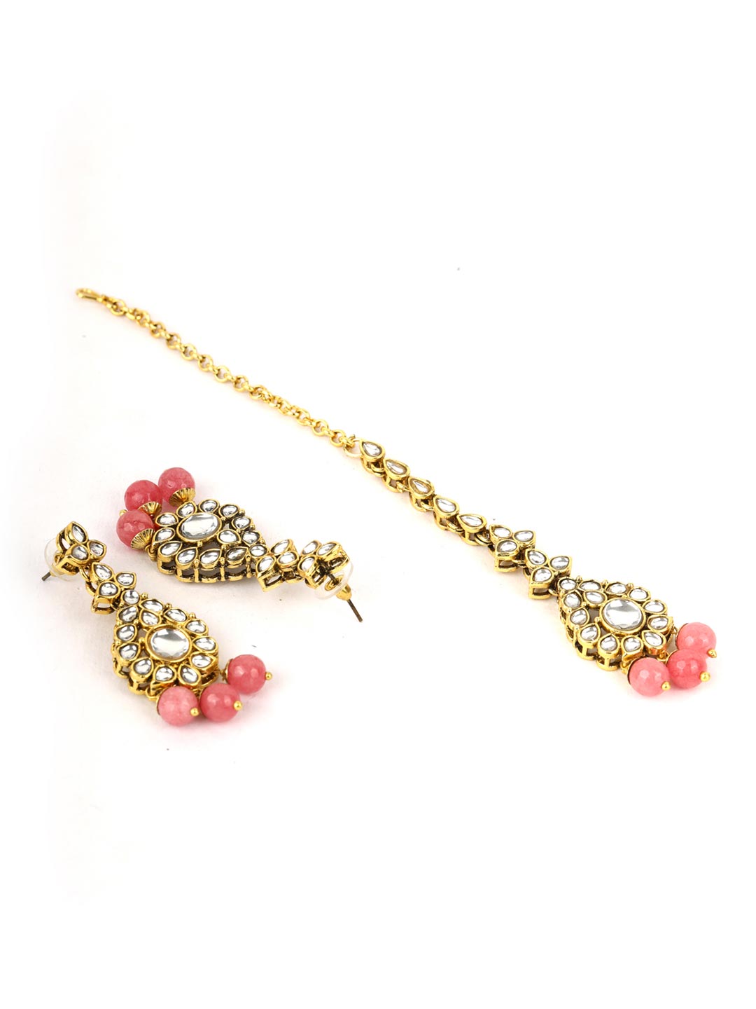 Priyaasi Women Pink Beads Pearls Kundan Gold Plated Jewellery Set with Maang Tikka - Grab2buy