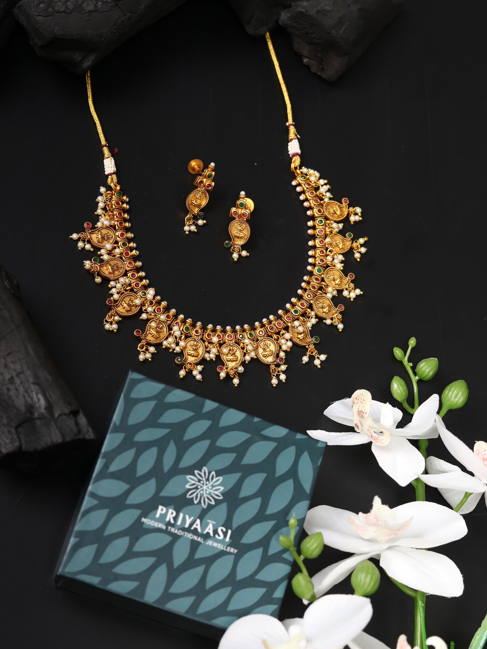 Priyaasi Women Beads Ruby Emerald Gold Plated Temple Jewellery Set - Grab2buy