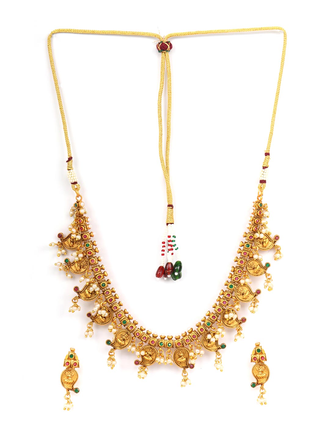 Priyaasi Women Beads Ruby Emerald Gold Plated Temple Jewellery Set - Grab2buy