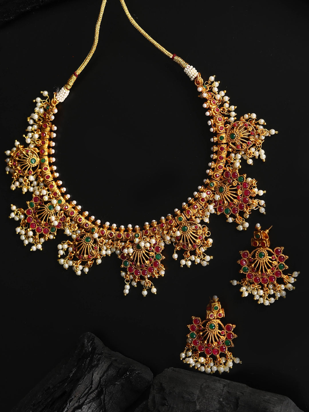 Priyaasi Women Ruby Emerald Beads Gold Plated Jewellery Set - Grab2buy