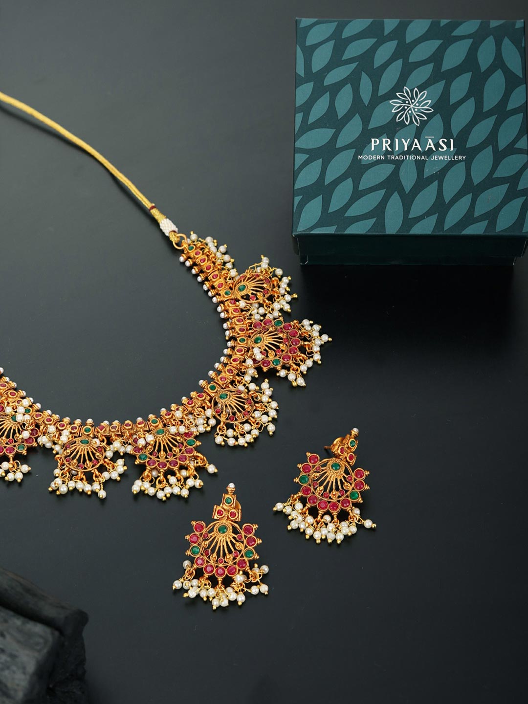 Priyaasi Women Ruby Emerald Beads Gold Plated Jewellery Set - Grab2buy