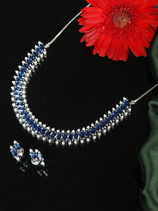 Priyaasi Women Blue American Diamond Silver Plated Jewellery Set - Grab2buy