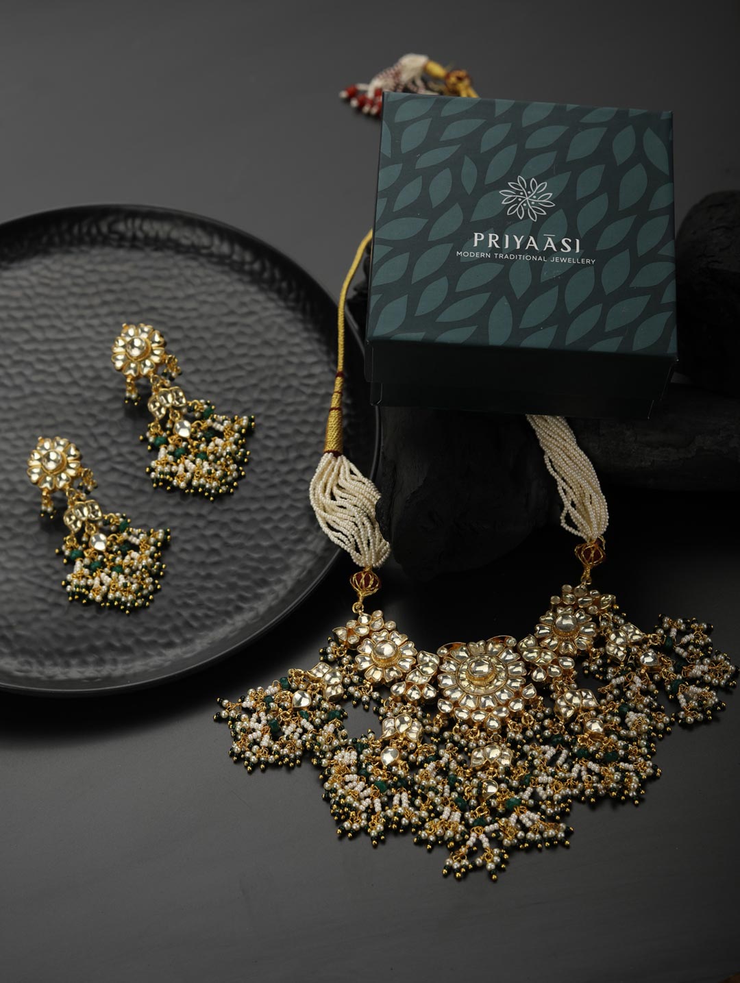 Priyaasi Women White Beads Pachi Kundan Gold Plated Jewellery Set - Grab2buy