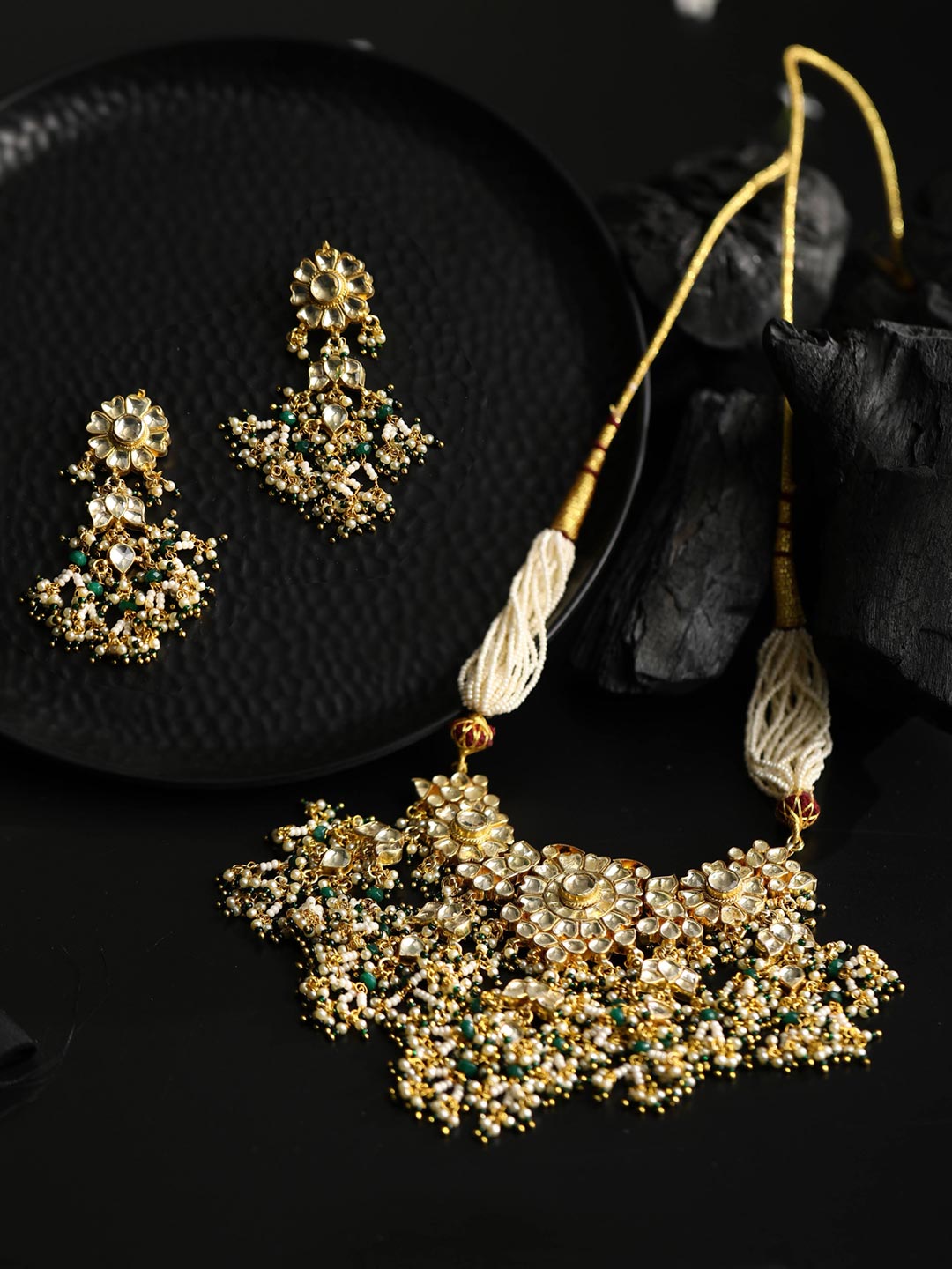 Priyaasi Women White Beads Pachi Kundan Gold Plated Jewellery Set - Grab2buy