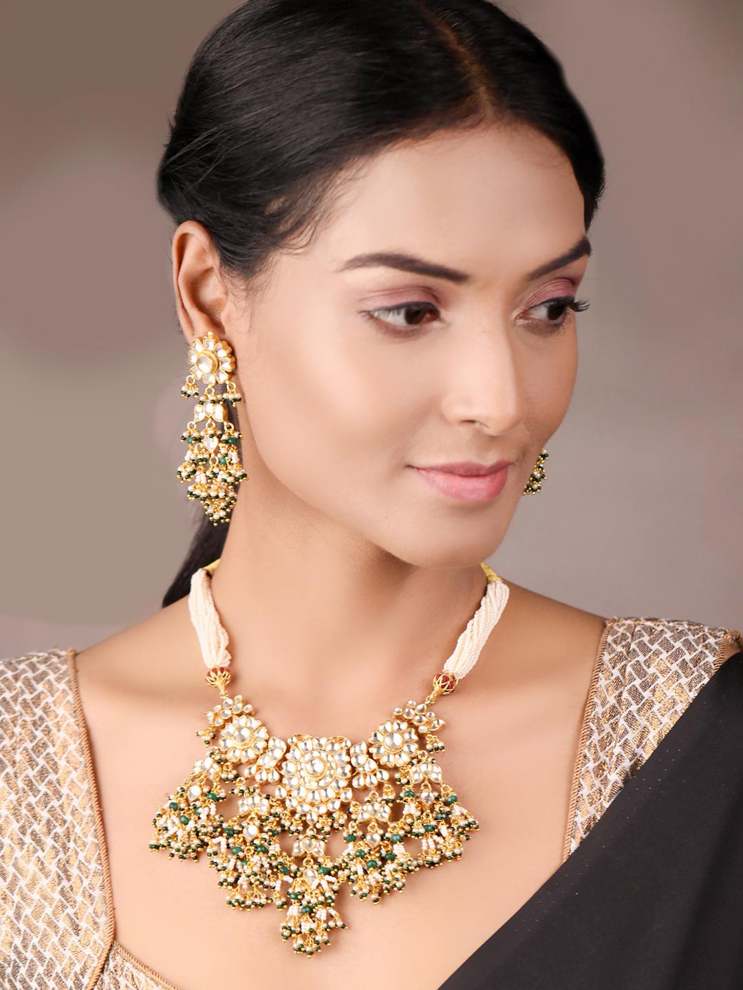 Priyaasi Women White Beads Pachi Kundan Gold Plated Jewellery Set - Grab2buy