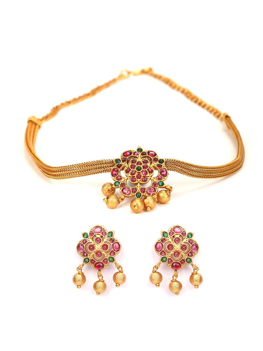 Priyaasi Women Kemp Stones Gold Plated Floral Jewellery Set - Grab2buy
