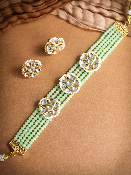 Priyaasi Women Mint Green White Kundan Gold Plated Choket Set - Grab2buy