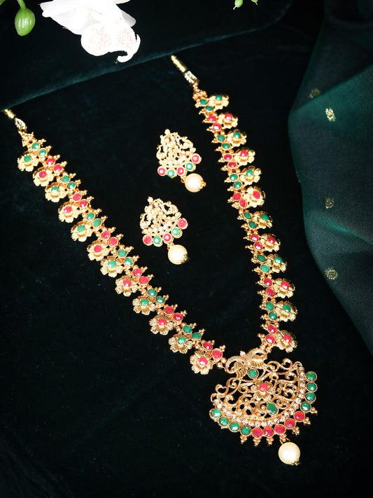 Priyaasi Women Green Kemp Stones Pearls Gold Plated Jewellery Set - Grab2buy