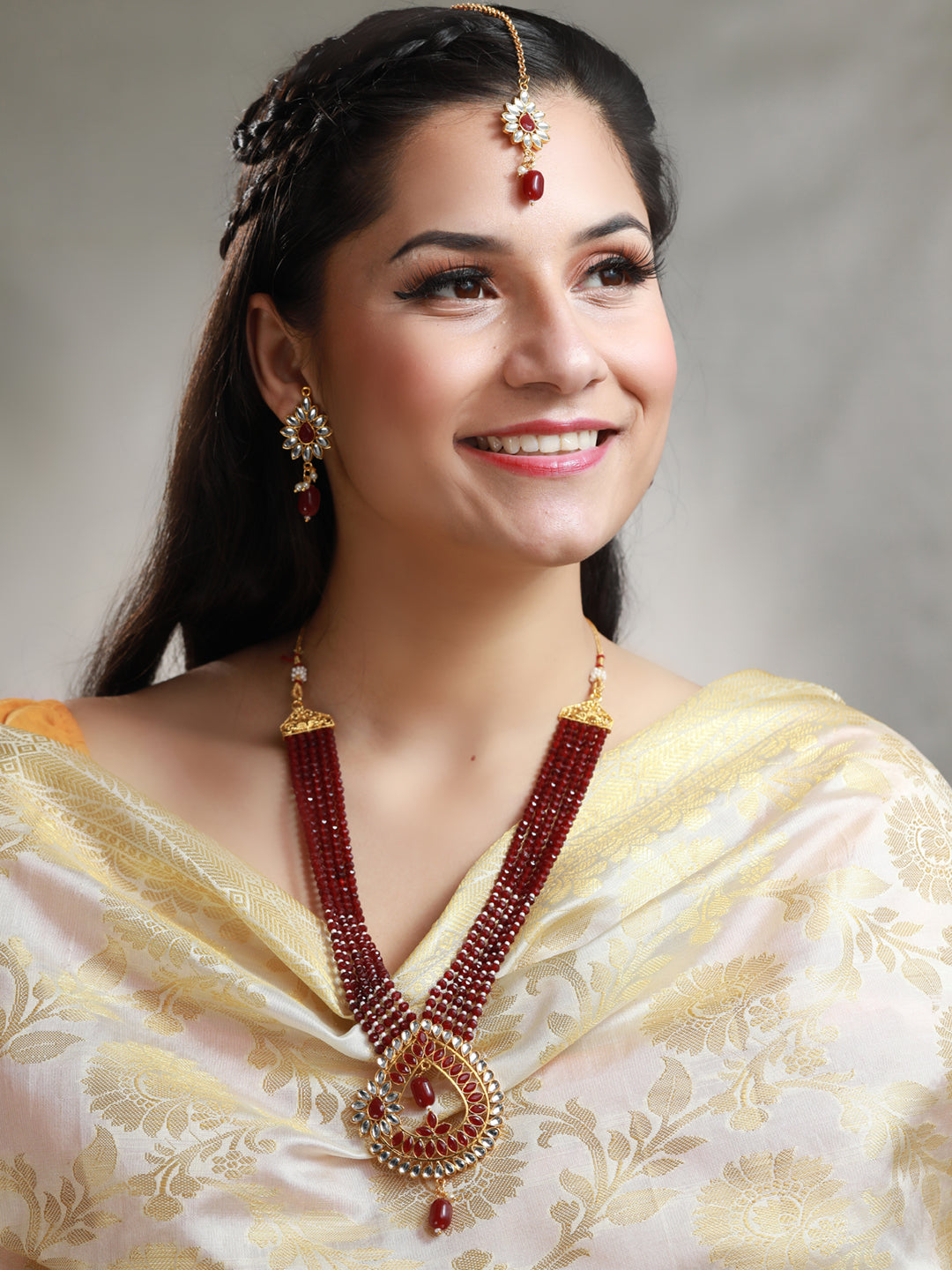 Priyaasi Women Maroon Gold Plated Kundan Jewellery Set - Grab2buy