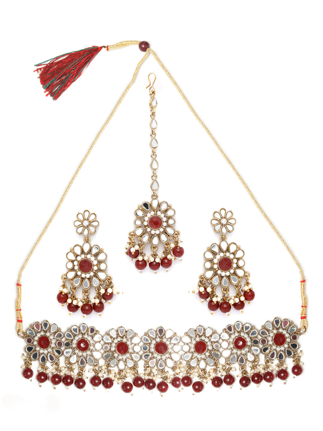 Priyaasi Women Mirror Studded Maroon Floral Jewellery Set - Grab2buy